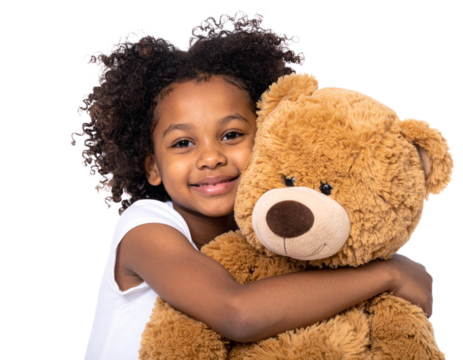 Happy girl hugging teddy bear isolated on white background, transparent PNG