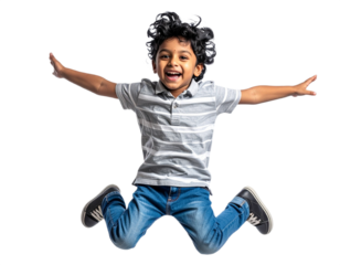 Happy Indian boy jumping in the air isolated on white background, transparent PNG