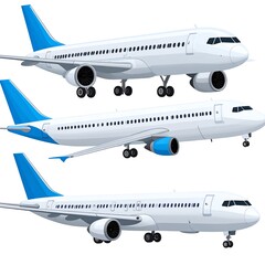 Three vector illustrations of white and blue passenger airplanes