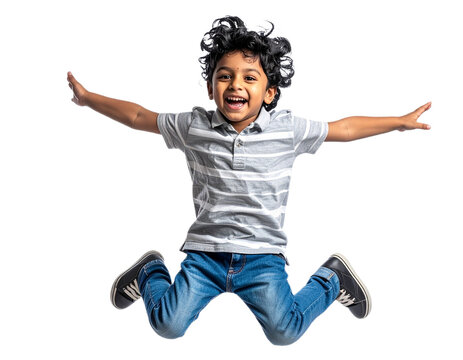 Happy Indian boy jumping in the air isolated on white background, transparent PNG