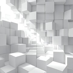 An abstract, stark composition made entirely of white cubes creating a tunnel or architectural structure