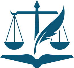 scale of justice with feather pen and book combination logo icon  design.