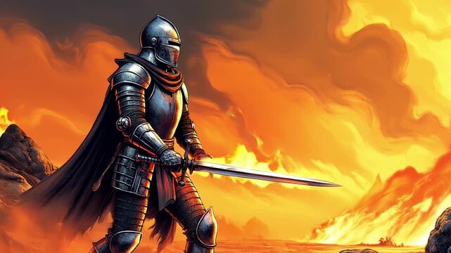 Great medieval knight in armor and with a sword in the fire of battle