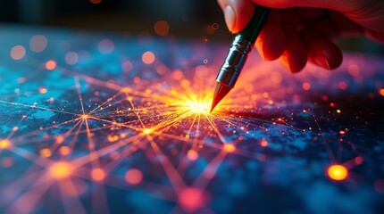 high resolution image of artistic AI creation: Tiny, focused beams of iridescent light draw vivid colors and intricate patterns on a canvas, forming a unique mixed-media piece with algorithmic energy.