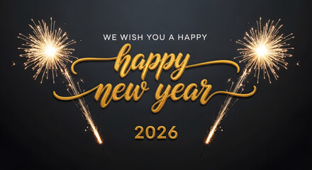 Festive New Year greeting with sparkling fireworks, golden text, and the year 2026.