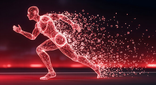 Motion Capture A red running figure breaking into particles, visualizing speed and the essence of movement