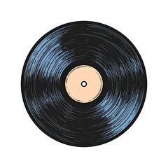 Artistic, isolated, grayscale vinyl record illustration. It displays the classic circular shape with grooves and a central label, on white