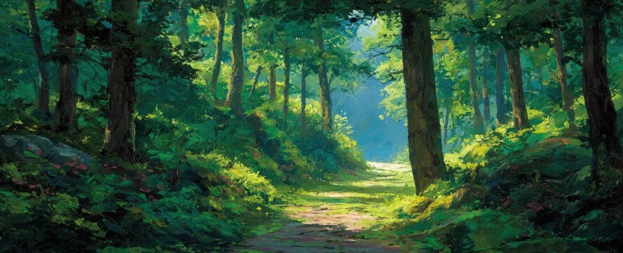 Forest path with sunlit trees. Path leads into woods with sunlight streaming through leaves