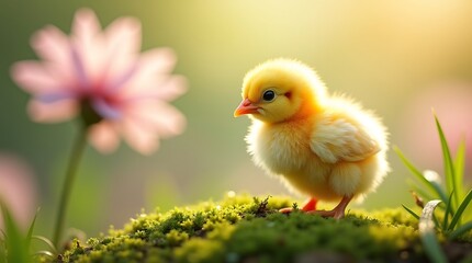 Adorable animal portrait: Razor-sharp focus on a newly hatched yellow chick's tiny beak and eyes, capturing the delicate texture of its downy feathers against an extreme, beautiful bokeh background.