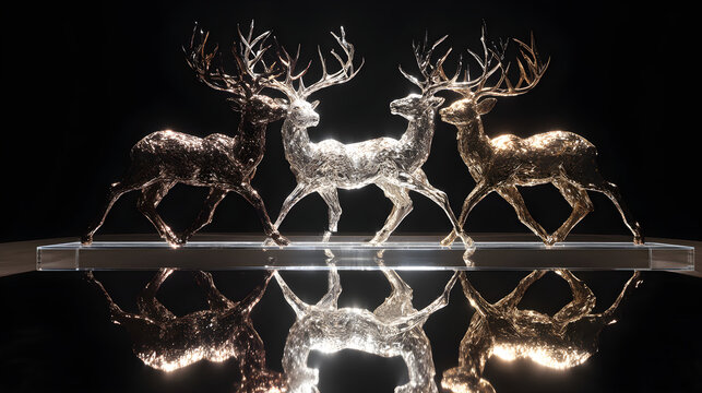 Metallic reindeer silhouette on mirrored base, luxury symmetry and studio lighting