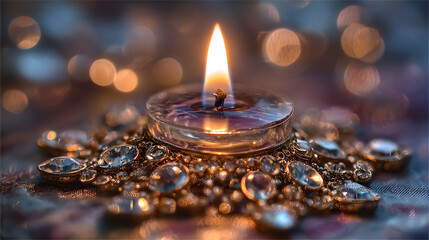 Candle flame reflecting on crystal ornament, macro emotion and intimate tone