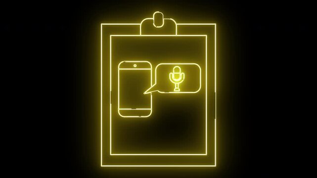 Yellow neon outline of a smartphone speech bubble with microphone icon on a clipboard against a black background