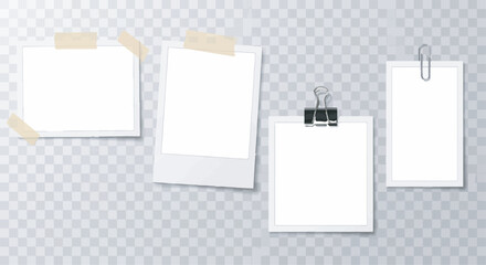 Blank photo frames set with tape, binder clips, and paper clips on a transparent background