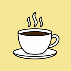 Obraz premium A simple, cartoon-style illustration of a white cup filled with dark coffee, emitting steam, sitting on a matching saucer against a plain yellow background.
