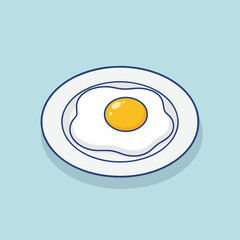 A simple cartoon illustration of a single fried egg with a bright yellow yolk on a white plate against a light blue background.