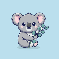 Cute cartoon koala bear holding eucalyptus leaves on a light blue background.