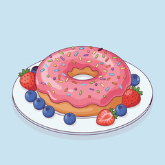 A delicious pink frosted donut with colorful sprinkles, served on a white plate with fresh strawberries and blueberries, against a light blue background.