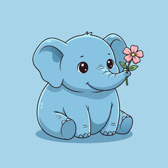 A cute cartoon baby blue elephant sitting and holding a pink flower with its trunk, smiling sweetly.