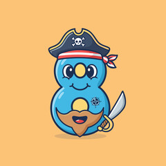 A cute cartoon blue number 8 character dressed as a pirate with a hat, beard, and cutlass on an orange background.