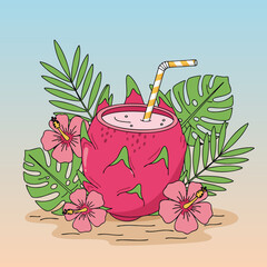 A vibrant illustration of a tropical dragon fruit drink with a straw, surrounded by exotic leaves and pink hibiscus flowers.