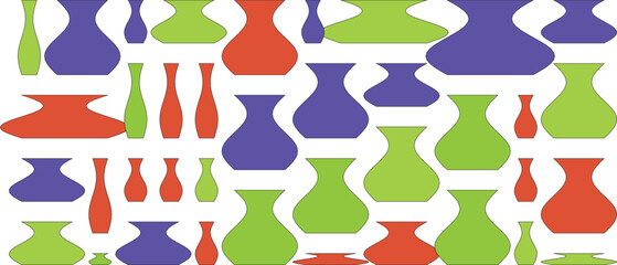 Fototapeta premium A colorful collection of various vases and pottery shapes in purple, green, and red