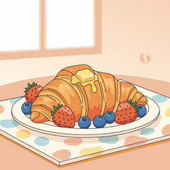 A delicious golden croissant topped with melting butter, surrounded by fresh strawberries and blueberries on a white plate.