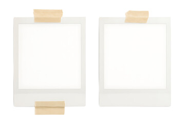 Two blank white Polaroid frames with beige tape on top, instant photo mockup. Perfect minimalist template for memories & designs.