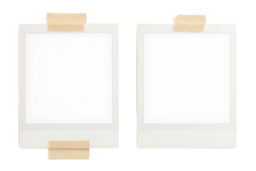 Two blank white Polaroid frames with beige tape on top, instant photo mockup. Perfect minimalist template for memories & designs.