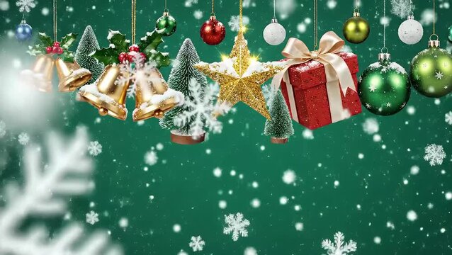 A festive collection of hanging Christmas ornaments and decorations