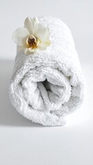 Close-up of a tightly rolled white towel with a delicate orchid blossom resting on top, all against a bright white background