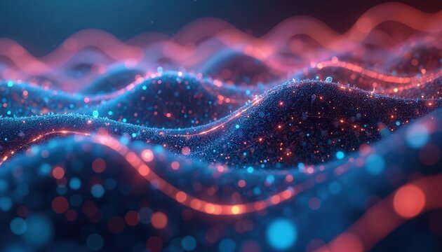 Abstract digital landscape shows network processing. Glowing blue, red particles form wavy data streams. Future tech, AI, big data flow on complex system background. Intelligent algorithm