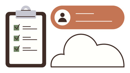 Clipboard with checklist, user profile card, cloud graphic. Ideal for task management, productivity, organization, cloud storage, collaboration simplicity modern workflow. Simple flat metaphor