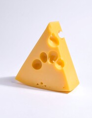 Close-up of a triangular cheese wedge with iconic round holes, cast in a soft, diffused light against a white backdrop