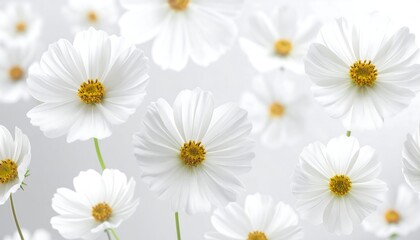 Close-up of numerous, delicate, white, daisy-like flowers with yellow centers. The blooms have overlapping petals and green stems