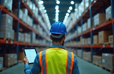 Man in safety helmet and vest checks inventory list on tablet. He stands in a large warehouse aisle between tall shelves of boxes, overseeing logistics and supply chain operations.