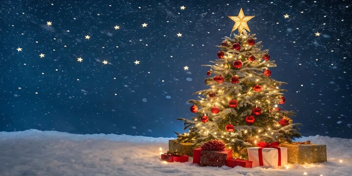 A beautifully decorated christmas tree stands tall in a snowy landscape under a starry night sky adorned with lights and gifts - Powered by Adobe