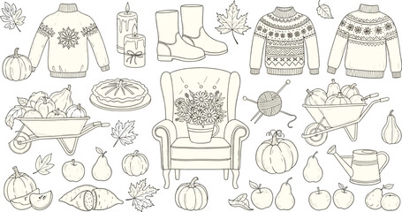 Autumn harvest cozy elements, pumpkins, apples, sweaters, boots, fall leaves, pie, candles, knitting, seasonal decor, flat vector illustration