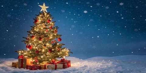 A beautifully decorated christmas tree with glowing lights and presents sits in a snowy landscape under a starry night sky