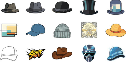 Flat vector illustration of fifteen different hats in grid layout, fashion headwear styles, modern and vintage designs, isolated on white background