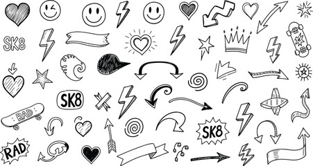 Flat vector illustration of hand-drawn doodles, arrows, hearts, stars, skateboards, crowns, youth culture sketch, isolated on white background