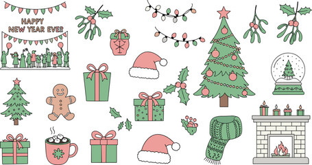 Christmas and New Year celebration, festive icons, tree, gifts, holly, fireplace, snow globe, party scene, flat vector illustration