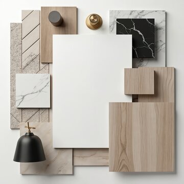 Interior design mood board presents material samples for home renovation project. Natural wood, stone textures, marble tiles, metal hardware create architectural concept. Flat lay composition
