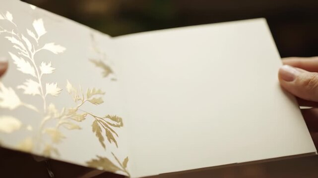 Close-up of hands opening a beautifully designed wedding invitation card with intricate floral patterns.