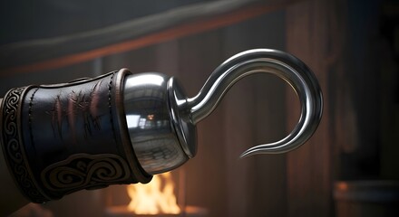 A single pirate hook hand made of polished steel, illuminated by dramatic rim light