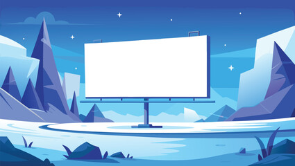 Stunning blank billboard in a vast, icy landscape under a clear starry night sky, perfect for impactful advertising campaigns.