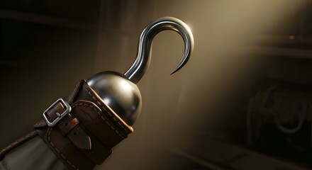 A pirate hook hand made of polished steel, illuminated by dramatic