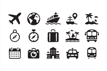Minimalist tourism icons including plane, cruise, hotel, and navigation tools
