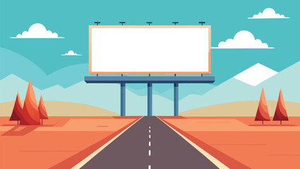 Vast desert highway leads to a giant blank billboard, beckoning with advertising potential under a bright blue sky with fluffy clouds and distant mountains.