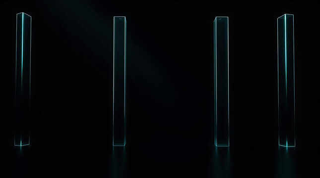 A minimalist 3d render features four sleek, transparent glass bars illuminated with blue light, creating a modern and abstract design against a dark background