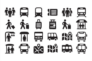 Public transportation icon set featuring buses, trains, and walking travelers